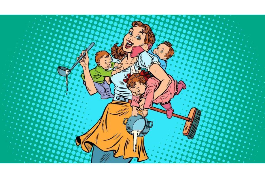 Comic Style Mom with Three Children in Arms Hero